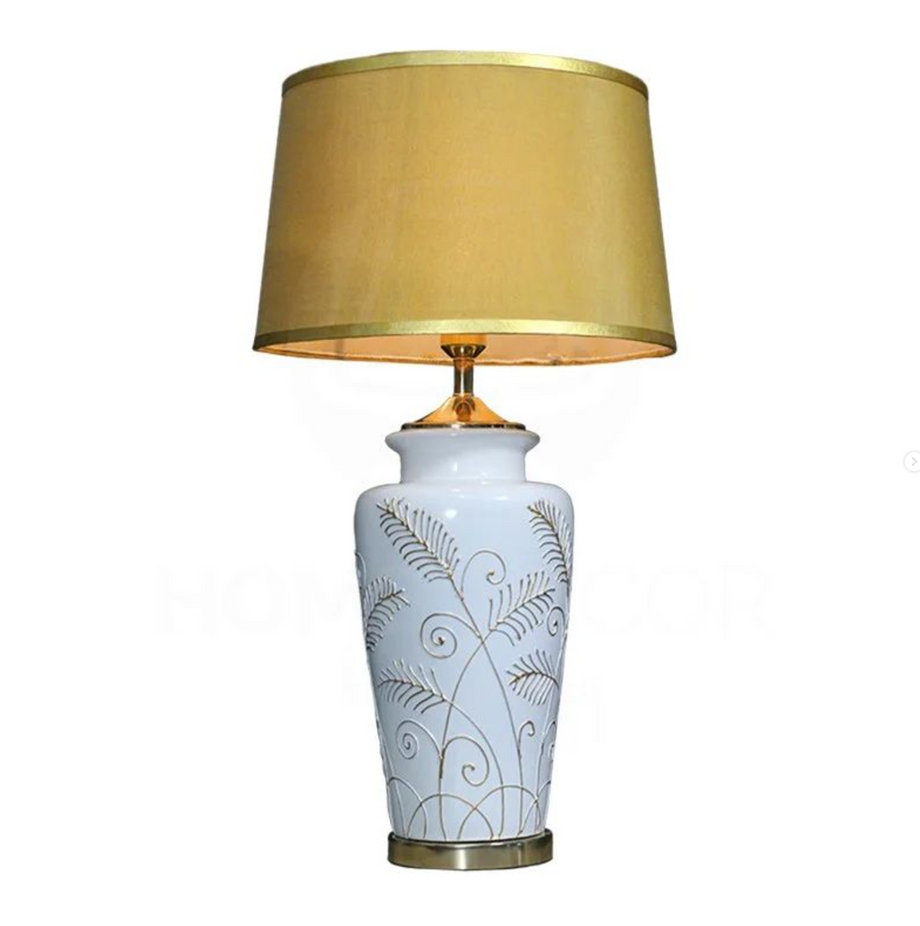 White Ceramic Lamp with Golden Lampshade