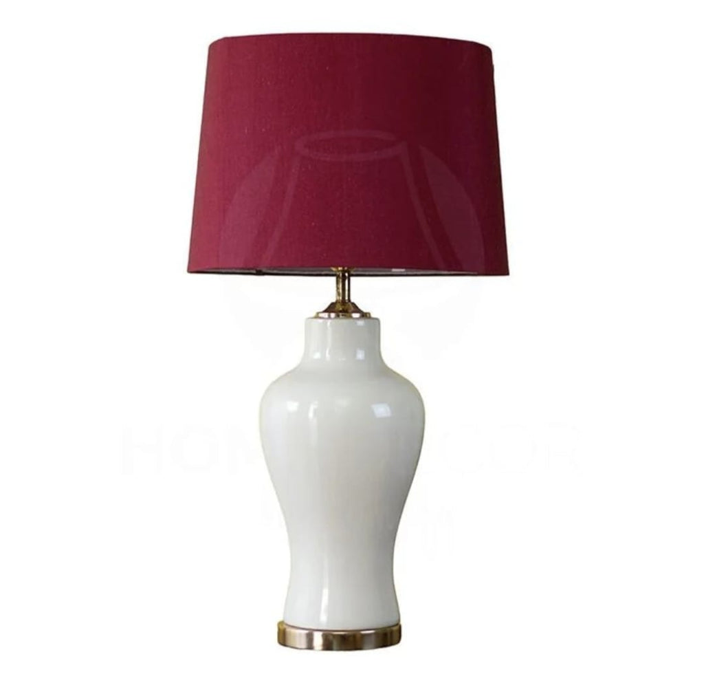 White Ceramic Lamp with Maroon Lampshade.